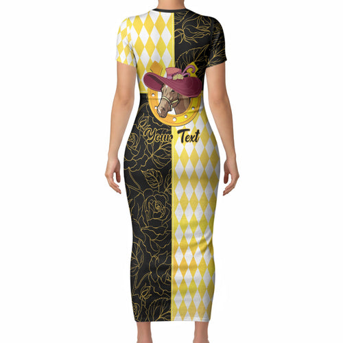 Personalised Melbourne Cup Australia Short Sleeve Bodycon Dress Diamond Horse Racing Silks Inspired Yellow