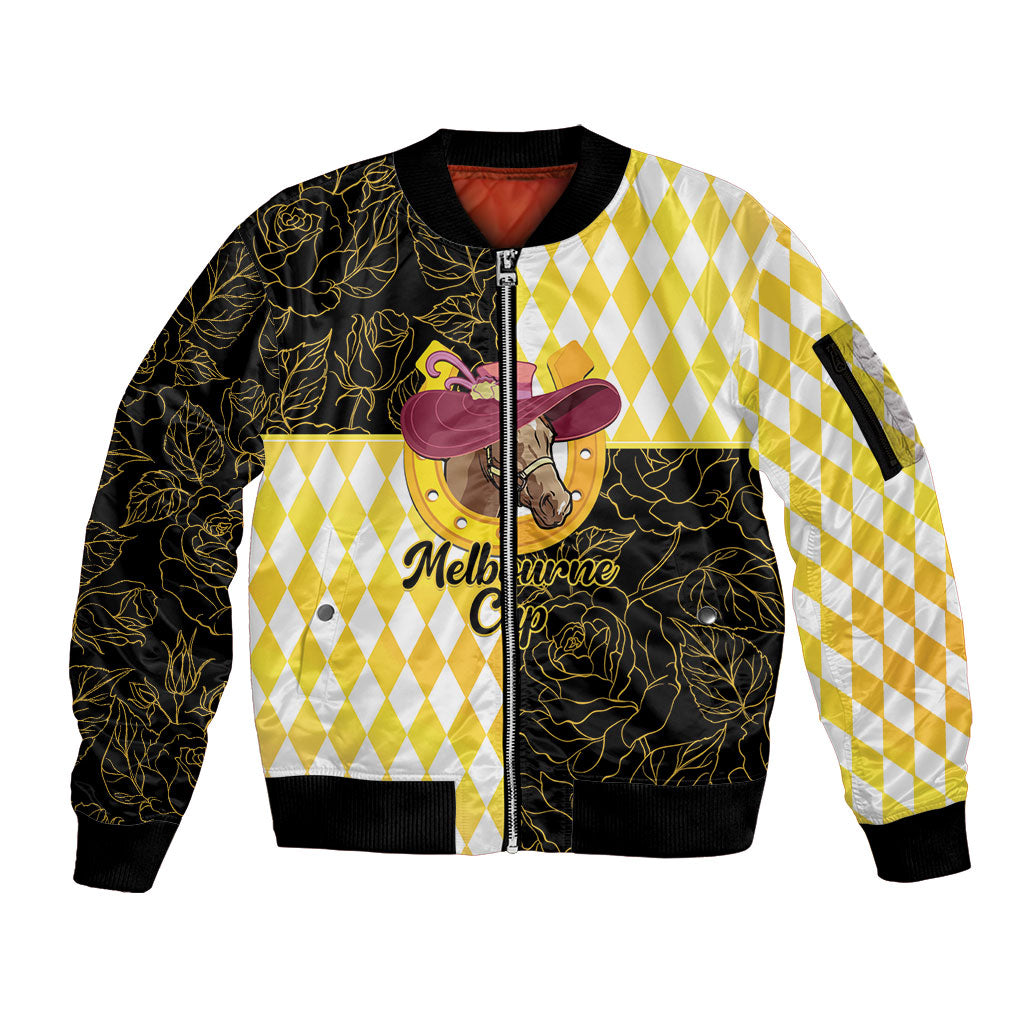 Personalised Melbourne Cup Australia Sleeve Zip Bomber Jacket Diamond Horse Racing Silks Inspired Yellow