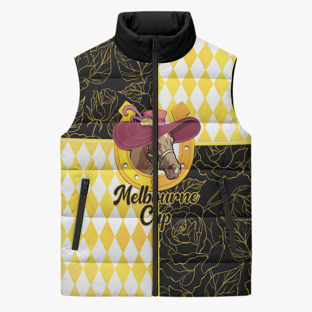 Personalised Melbourne Cup Australia Sleeveless Puffer Jacket Diamond Horse Racing Silks Inspired Yellow