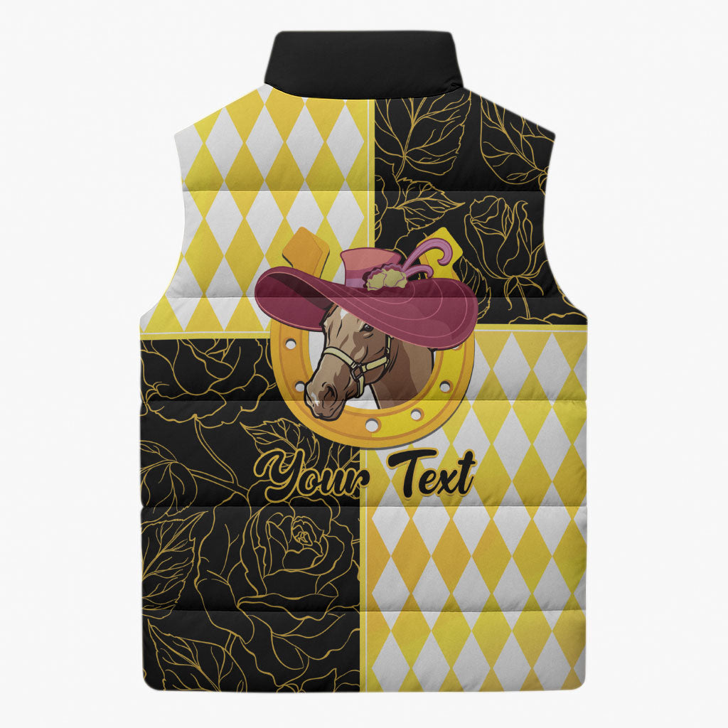 Personalised Melbourne Cup Australia Sleeveless Puffer Jacket Diamond Horse Racing Silks Inspired Yellow