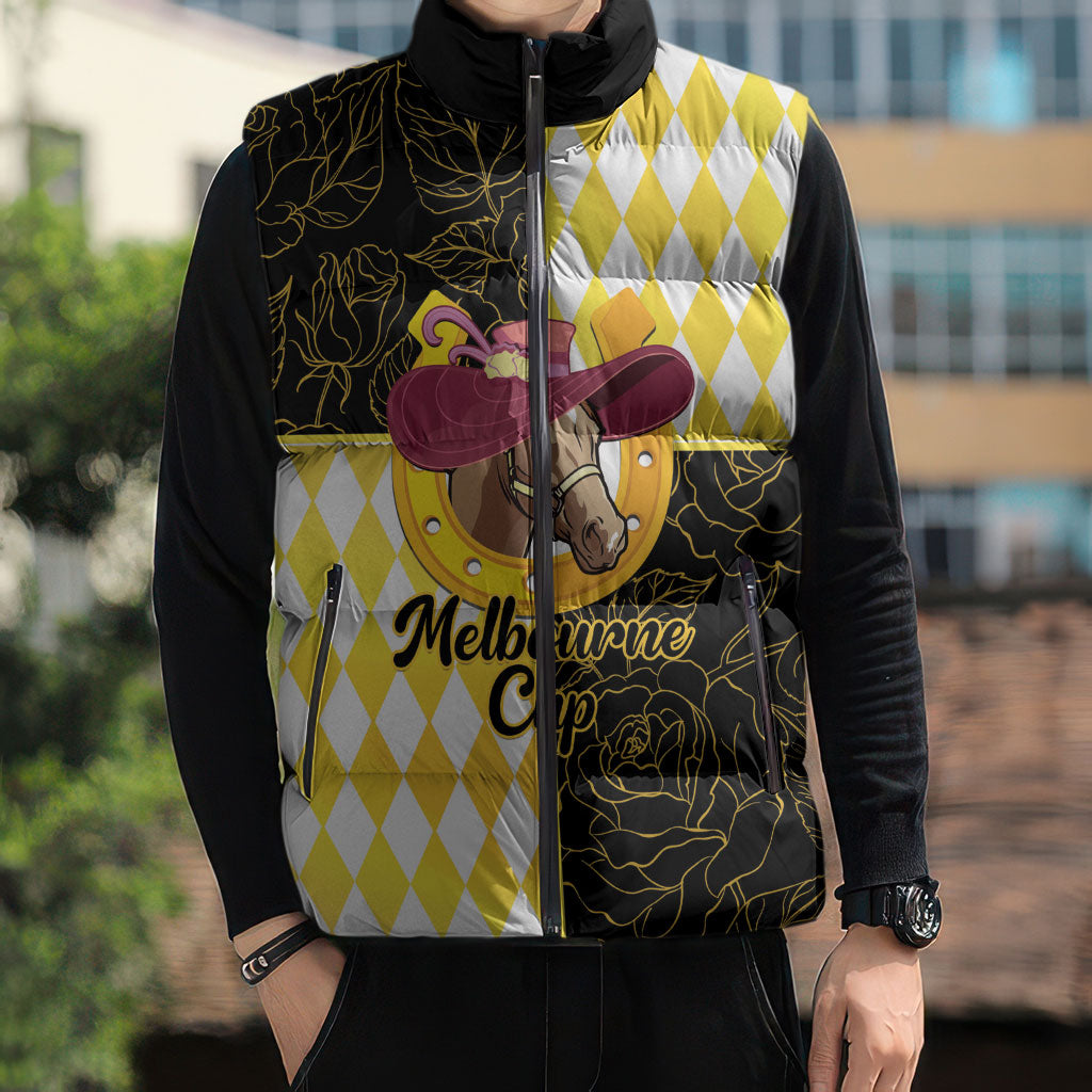 Personalised Melbourne Cup Australia Sleeveless Puffer Jacket Diamond Horse Racing Silks Inspired Yellow