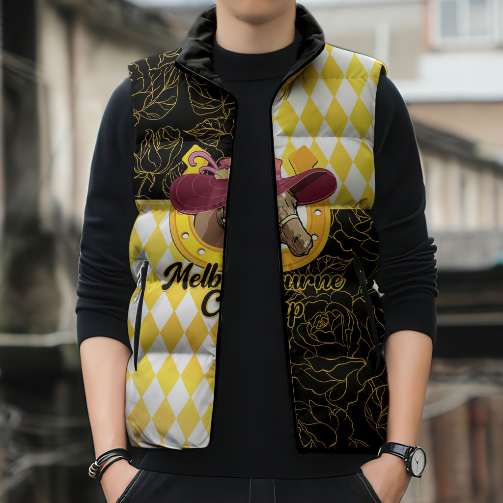 Personalised Melbourne Cup Australia Sleeveless Puffer Jacket Diamond Horse Racing Silks Inspired Yellow