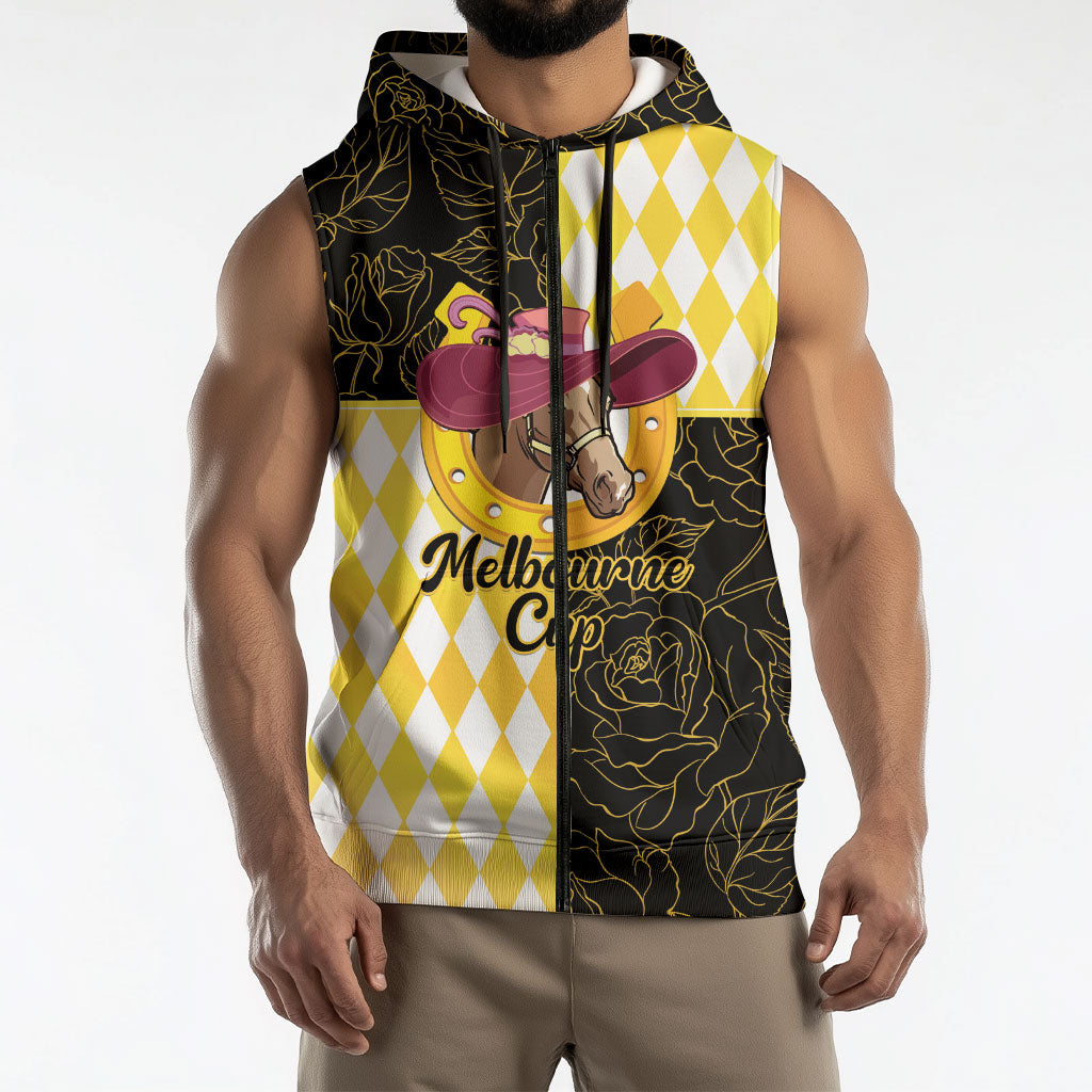 Personalised Melbourne Cup Australia Sleeveless Zip Hoodie Diamond Horse Racing Silks Inspired Yellow