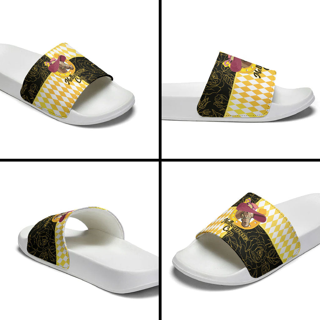 Melbourne Cup Australia Slide Sandals Diamond Horse Racing Silks Inspired Yellow