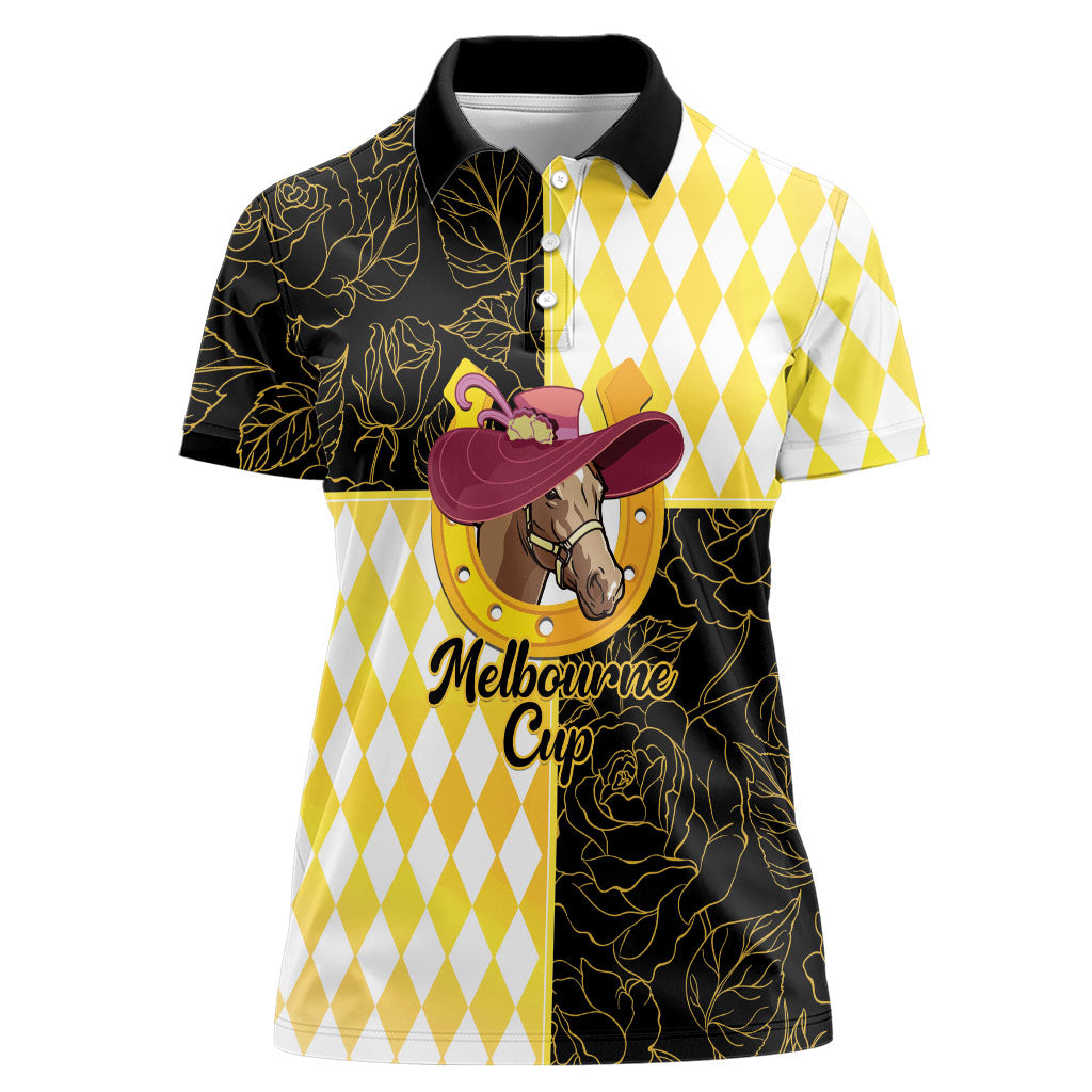 Personalised Melbourne Cup Australia Women Polo Shirt Diamond Horse Racing Silks Inspired Yellow