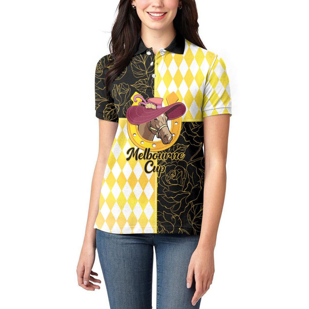 Personalised Melbourne Cup Australia Women Polo Shirt Diamond Horse Racing Silks Inspired Yellow