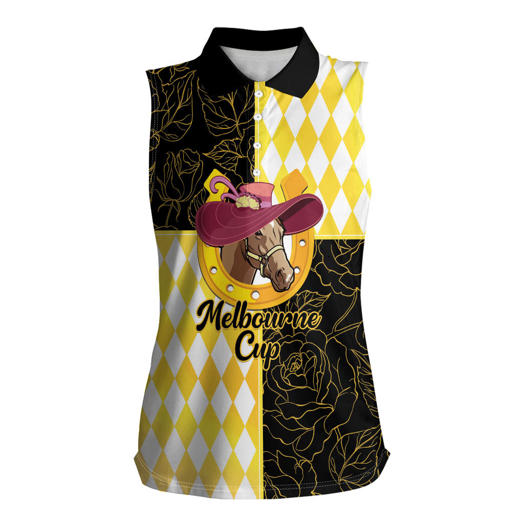 Personalised Melbourne Cup Australia Women Sleeveless Polo Shirt Diamond Horse Racing Silks Inspired Yellow