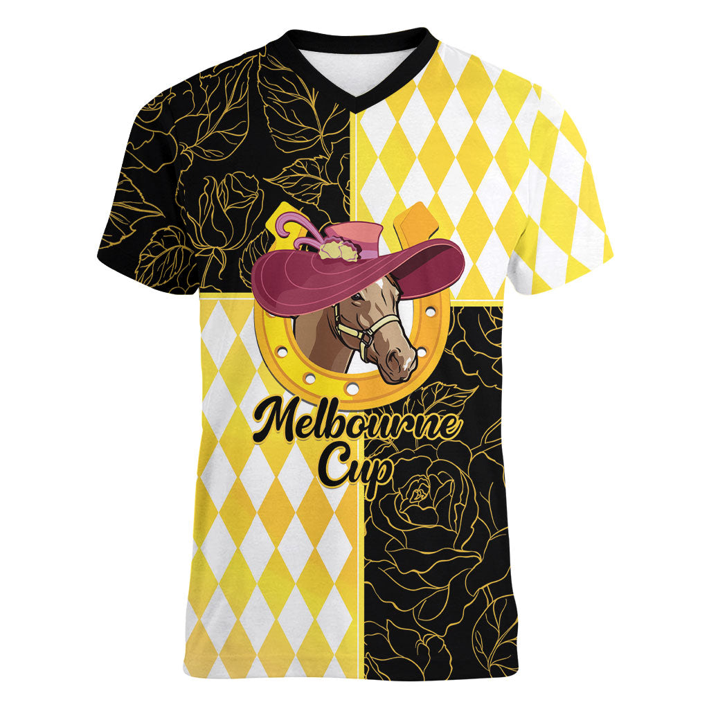 Personalised Melbourne Cup Australia Women V-Neck T-Shirt Diamond Horse Racing Silks Inspired Yellow