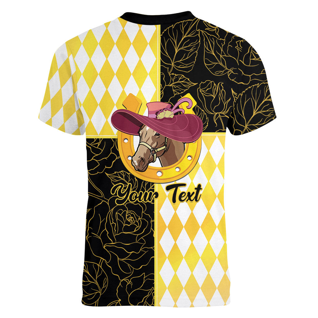 Personalised Melbourne Cup Australia Women V-Neck T-Shirt Diamond Horse Racing Silks Inspired Yellow