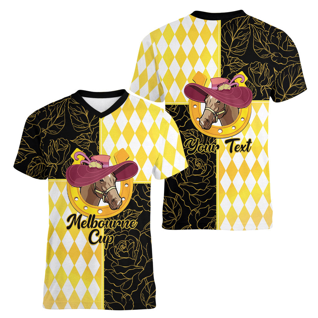 Personalised Melbourne Cup Australia Women V-Neck T-Shirt Diamond Horse Racing Silks Inspired Yellow