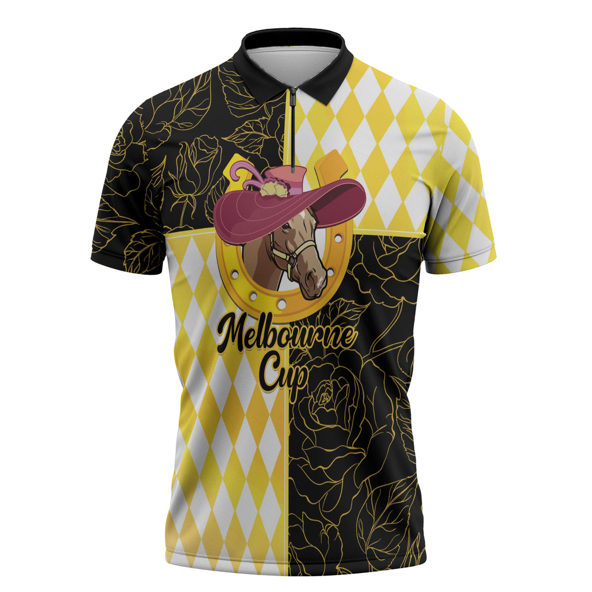 Personalised Melbourne Cup Australia Zipper Polo Shirt Diamond Horse Racing Silks Inspired Yellow