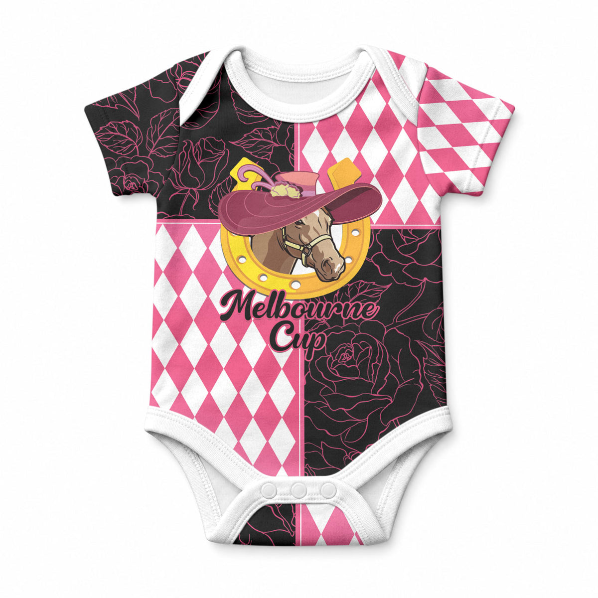 Personalised Melbourne Cup Australia Baby Onesie Diamond Horse Racing Silks Inspired Pink