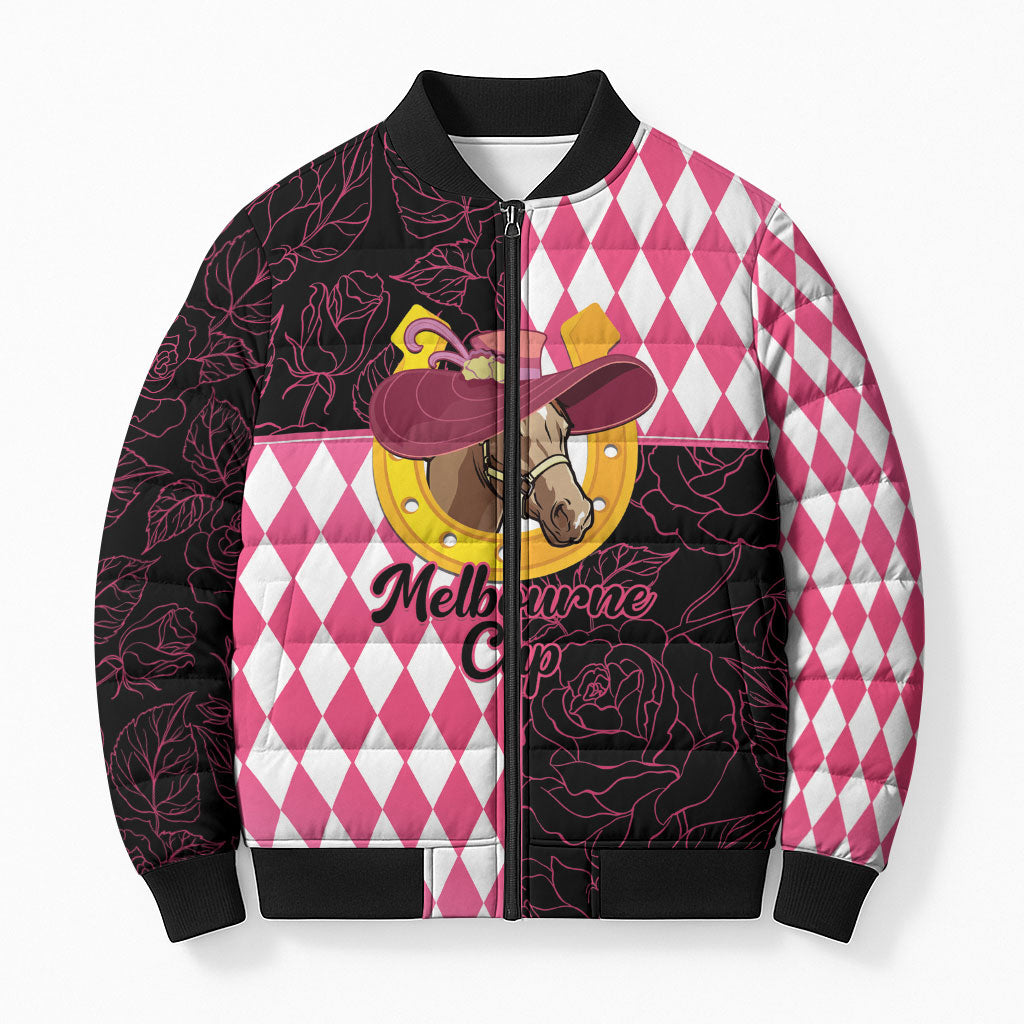 Personalised Melbourne Cup Australia Bomber Puffer Jacket Diamond Horse Racing Silks Inspired Pink