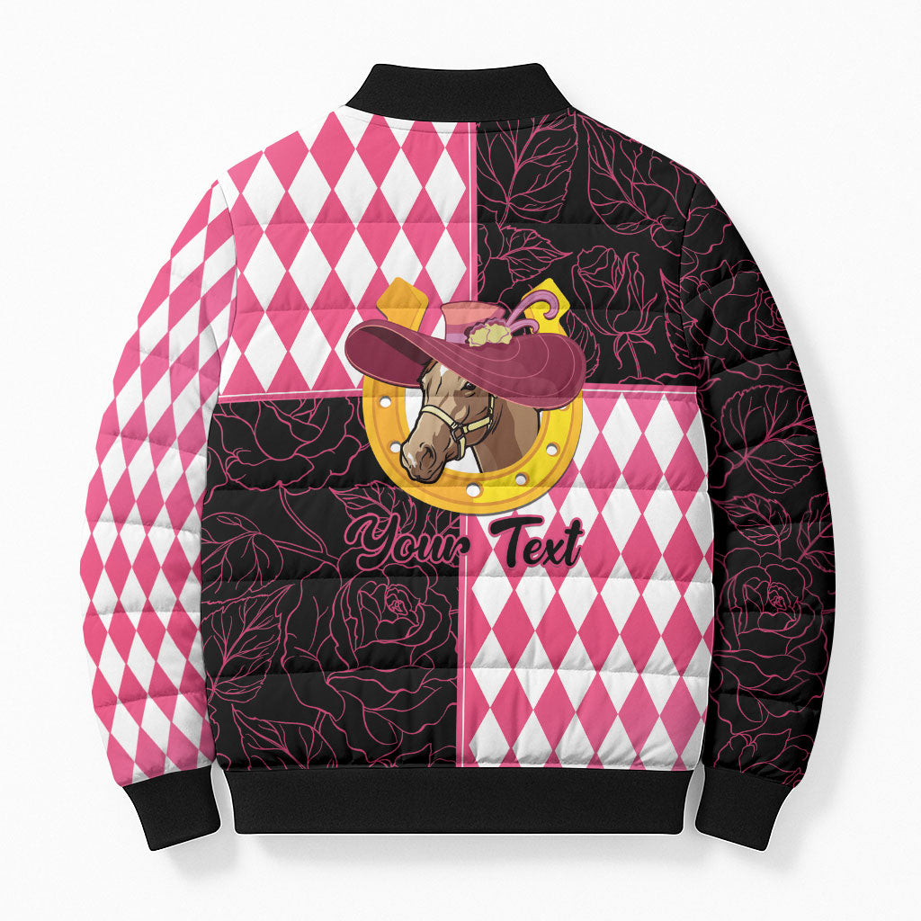 Personalised Melbourne Cup Australia Bomber Puffer Jacket Diamond Horse Racing Silks Inspired Pink