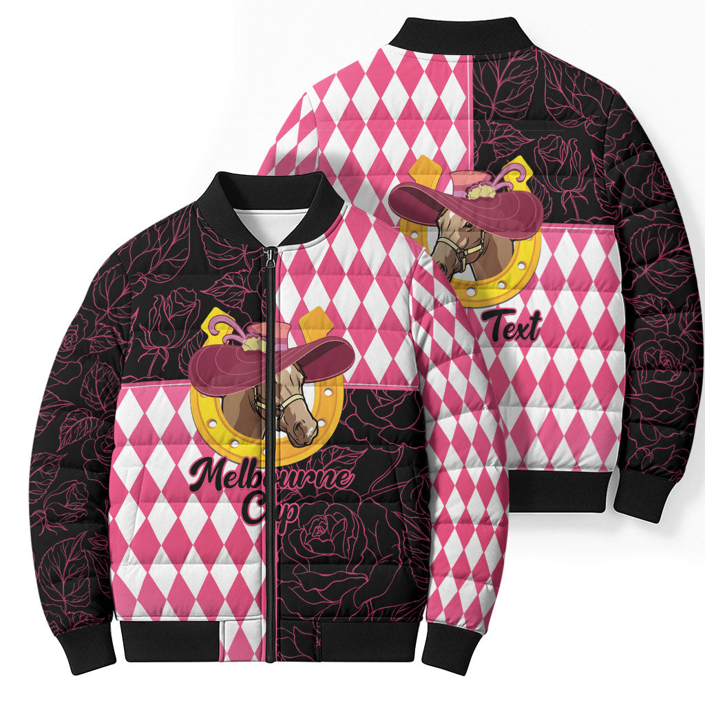 Personalised Melbourne Cup Australia Bomber Puffer Jacket Diamond Horse Racing Silks Inspired Pink