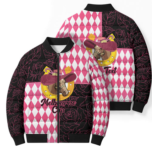 Personalised Melbourne Cup Australia Bomber Puffer Jacket Diamond Horse Racing Silks Inspired Pink