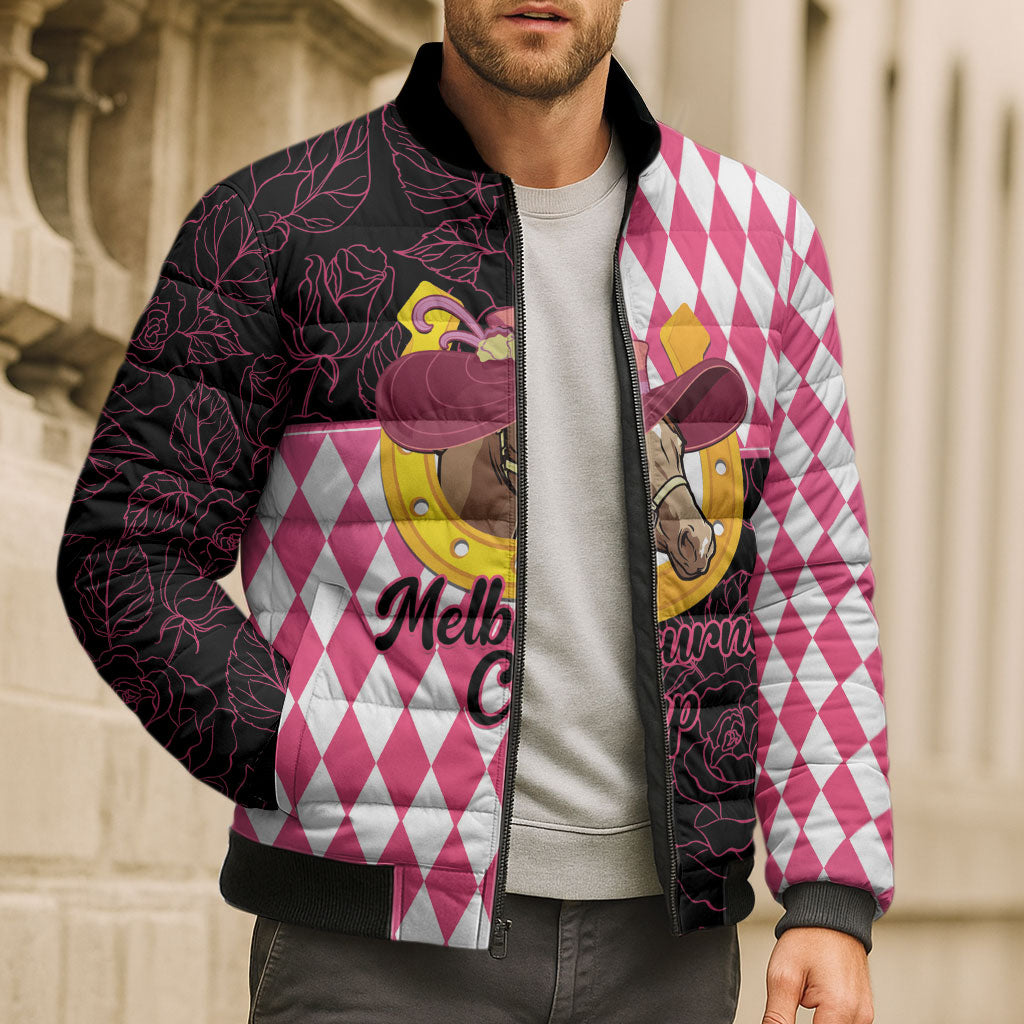 Personalised Melbourne Cup Australia Bomber Puffer Jacket Diamond Horse Racing Silks Inspired Pink