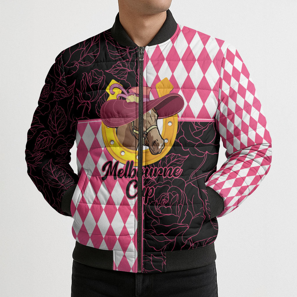 Personalised Melbourne Cup Australia Bomber Puffer Jacket Diamond Horse Racing Silks Inspired Pink