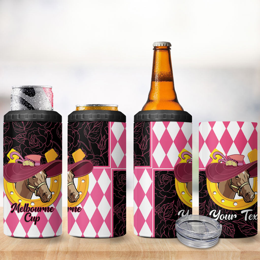 Personalised Melbourne Cup Australia 4 in 1 Can Cooler Tumbler Diamond Horse Racing Silks Inspired Pink