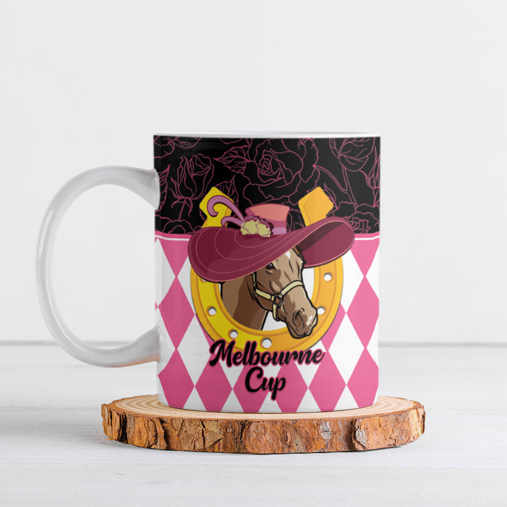 Personalised Melbourne Cup Australia Ceramic Mug Diamond Horse Racing Silks Inspired Pink