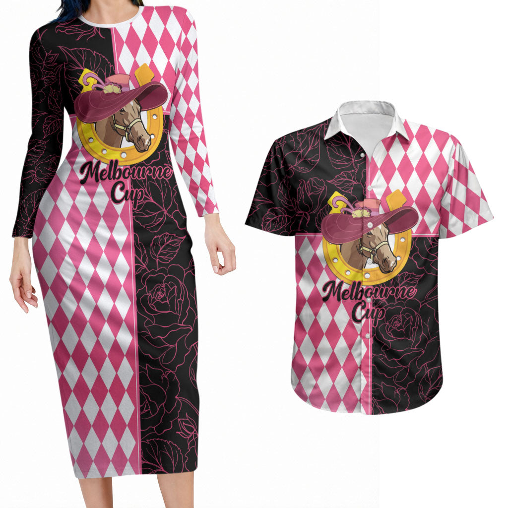 Personalised Melbourne Cup Australia Couples Matching Long Sleeve Bodycon Dress and Hawaiian Shirt Diamond Horse Racing Silks Inspired Pink