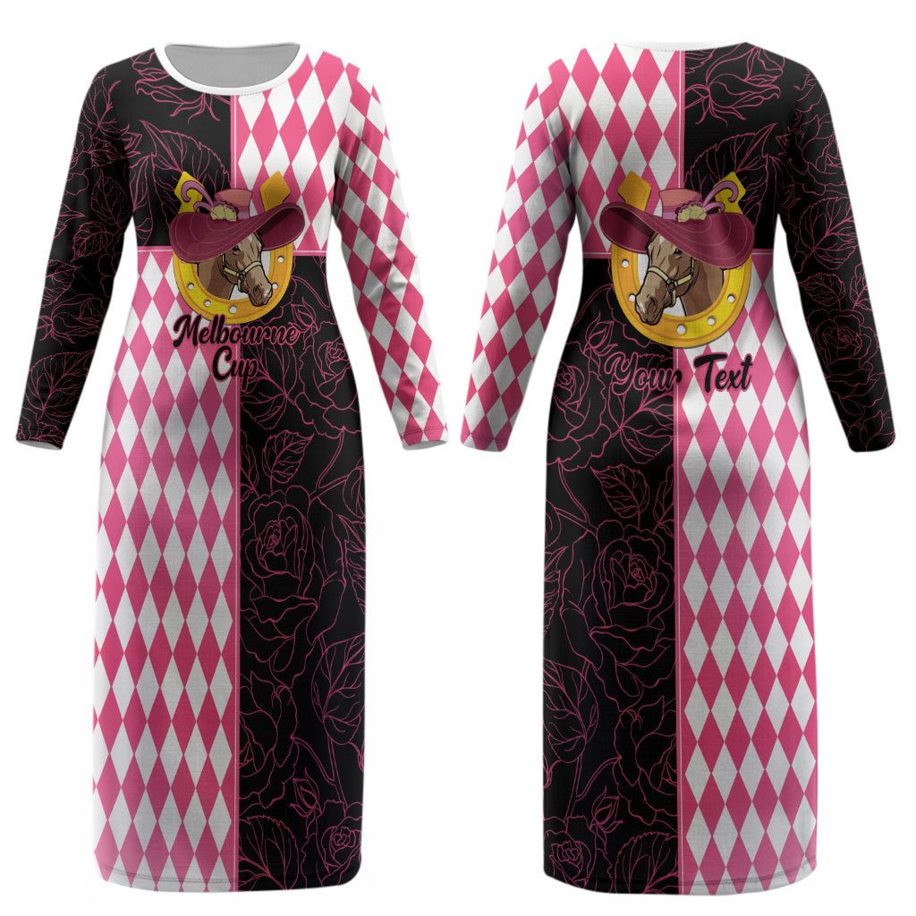 Personalised Melbourne Cup Australia Couples Matching Long Sleeve Bodycon Dress and Hawaiian Shirt Diamond Horse Racing Silks Inspired Pink