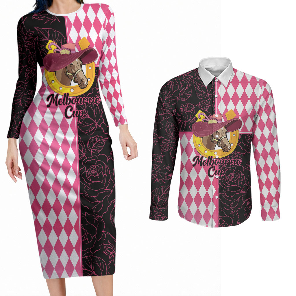 Personalised Melbourne Cup Australia Couples Matching Long Sleeve Bodycon Dress and Long Sleeve Button Shirt Diamond Horse Racing Silks Inspired Pink