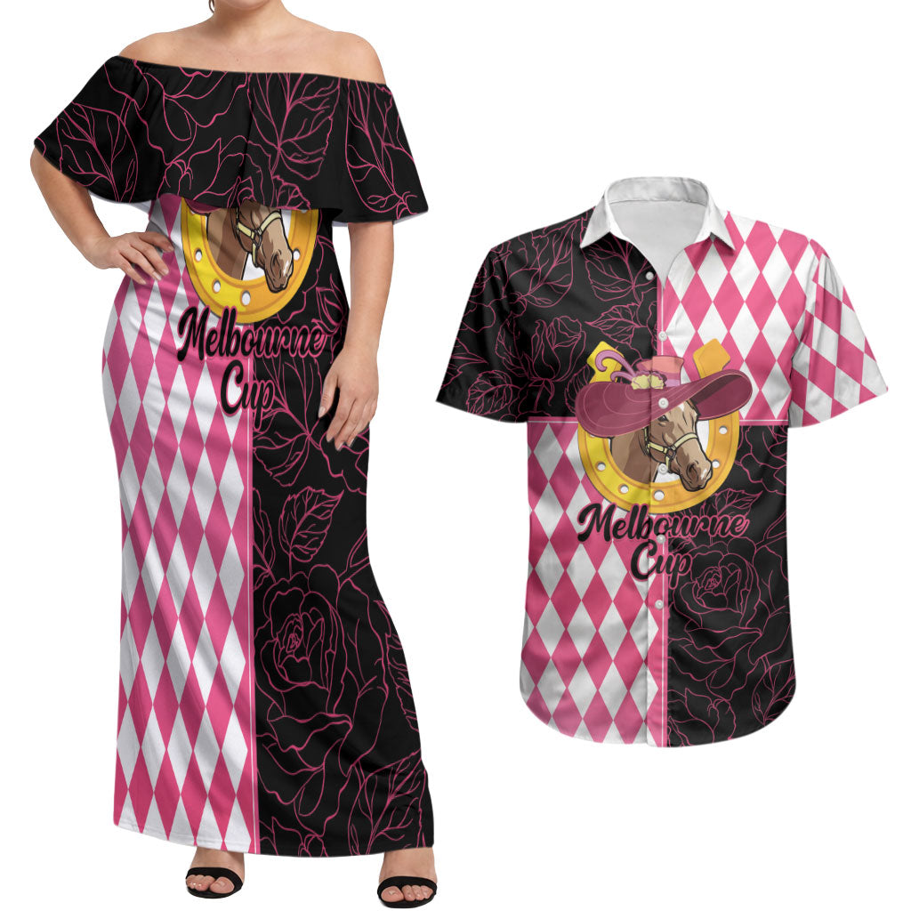 Personalised Melbourne Cup Australia Couples Matching Off Shoulder Maxi Dress and Hawaiian Shirt Diamond Horse Racing Silks Inspired Pink