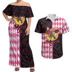 Personalised Melbourne Cup Australia Couples Matching Off Shoulder Maxi Dress and Hawaiian Shirt Diamond Horse Racing Silks Inspired Pink