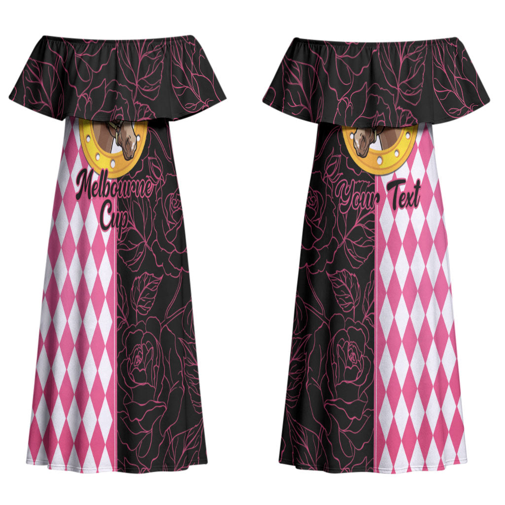 Personalised Melbourne Cup Australia Couples Matching Off Shoulder Maxi Dress and Hawaiian Shirt Diamond Horse Racing Silks Inspired Pink