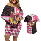 Personalised Melbourne Cup Australia Couples Matching Off Shoulder Short Dress and Hawaiian Shirt Diamond Horse Racing Silks Inspired Pink