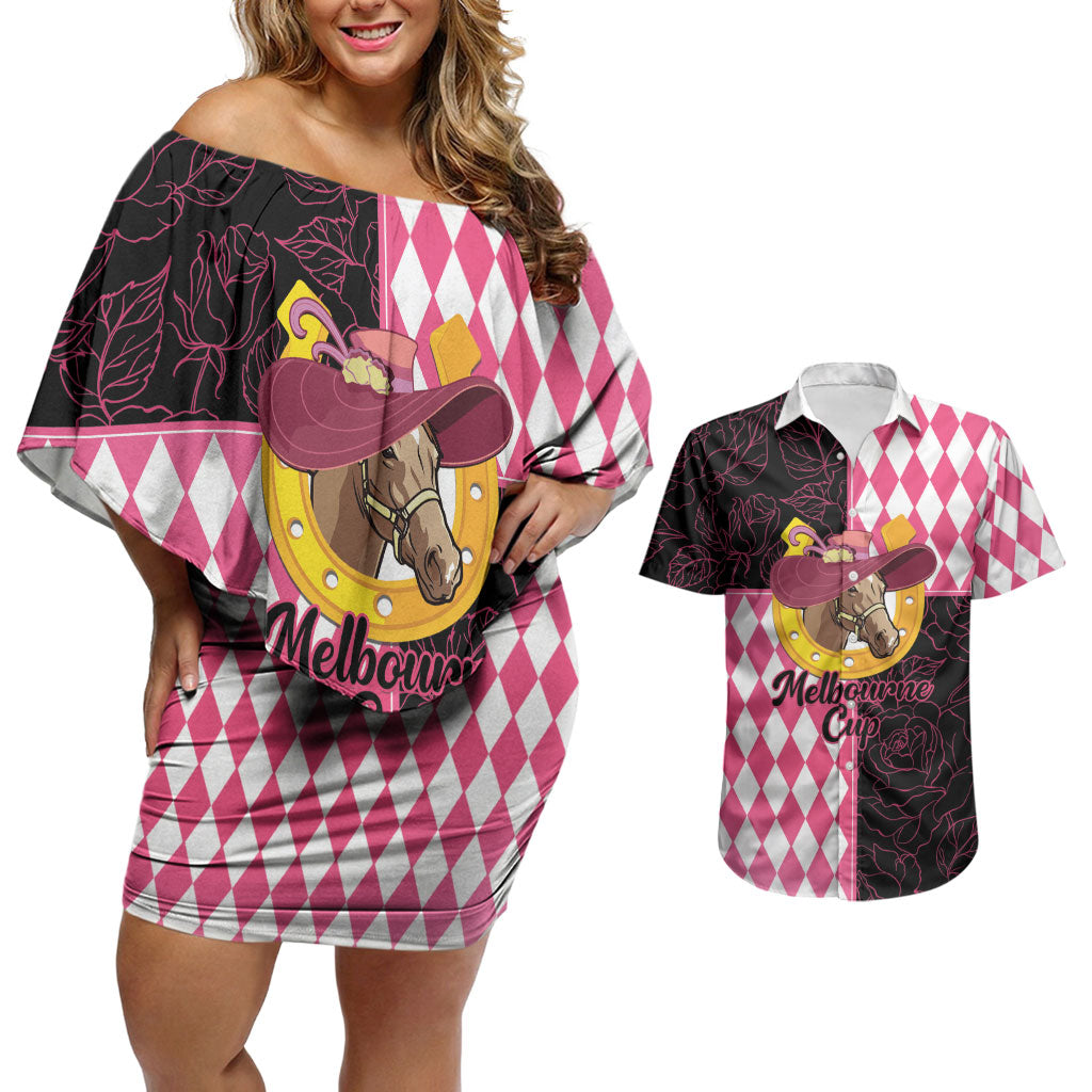 Personalised Melbourne Cup Australia Couples Matching Off Shoulder Short Dress and Hawaiian Shirt Diamond Horse Racing Silks Inspired Pink