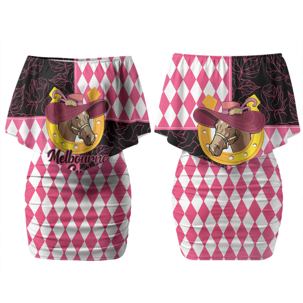 Personalised Melbourne Cup Australia Couples Matching Off Shoulder Short Dress and Hawaiian Shirt Diamond Horse Racing Silks Inspired Pink