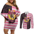 Personalised Melbourne Cup Australia Couples Matching Off Shoulder Short Dress and Long Sleeve Button Shirt Diamond Horse Racing Silks Inspired Pink