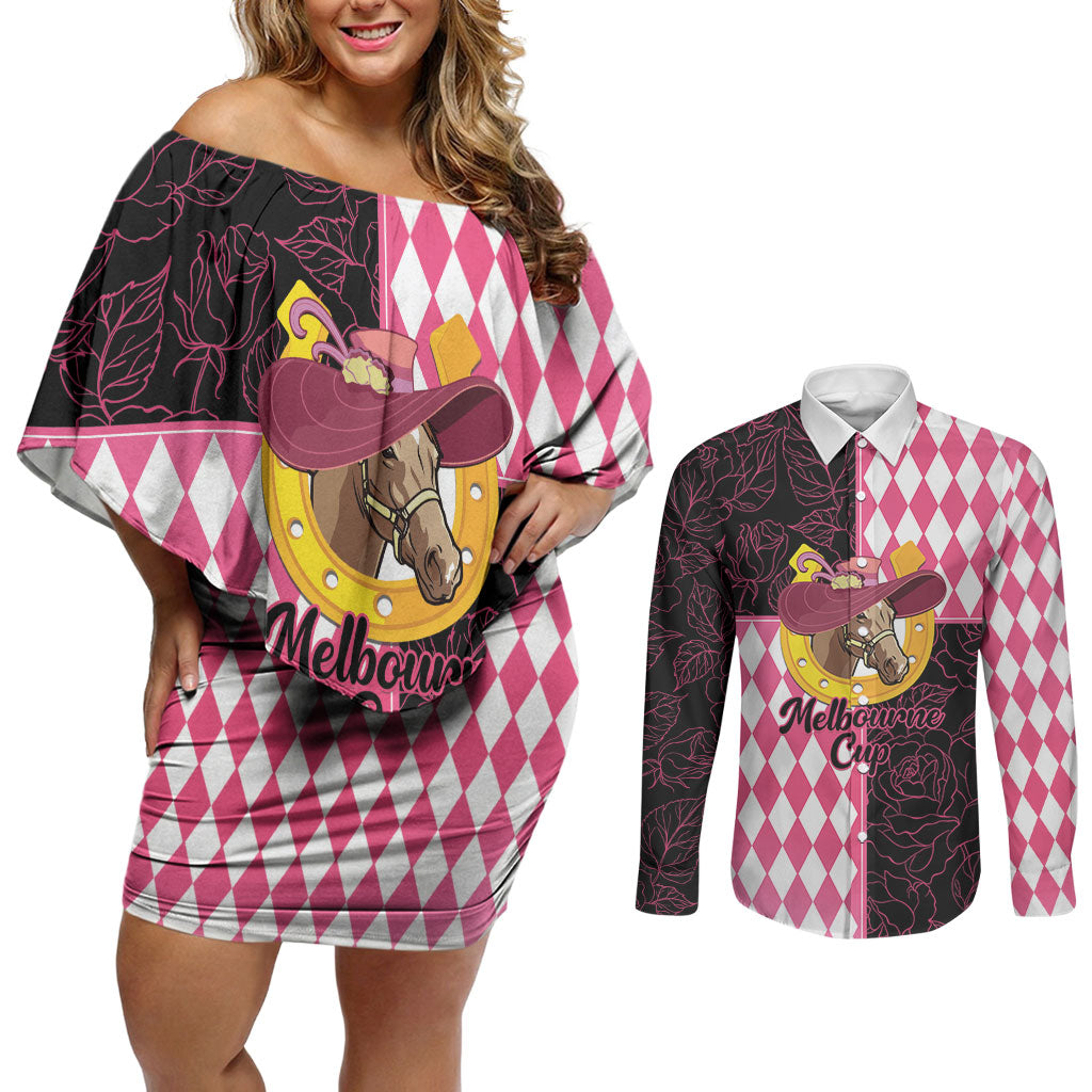 Personalised Melbourne Cup Australia Couples Matching Off Shoulder Short Dress and Long Sleeve Button Shirt Diamond Horse Racing Silks Inspired Pink