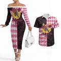 Personalised Melbourne Cup Australia Couples Matching Off The Shoulder Long Sleeve Dress and Hawaiian Shirt Diamond Horse Racing Silks Inspired Pink
