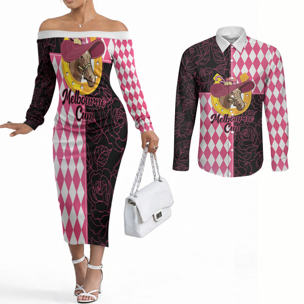 Personalised Melbourne Cup Australia Couples Matching Off The Shoulder Long Sleeve Dress and Long Sleeve Button Shirt Diamond Horse Racing Silks Inspired Pink