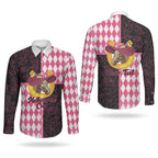 Personalised Melbourne Cup Australia Couples Matching Off The Shoulder Long Sleeve Dress and Long Sleeve Button Shirt Diamond Horse Racing Silks Inspired Pink