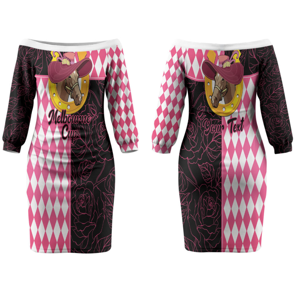 Personalised Melbourne Cup Australia Couples Matching Off The Shoulder Long Sleeve Dress and Long Sleeve Button Shirt Diamond Horse Racing Silks Inspired Pink