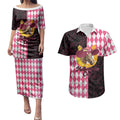 Personalised Melbourne Cup Australia Couples Matching Puletasi and Hawaiian Shirt Diamond Horse Racing Silks Inspired Pink