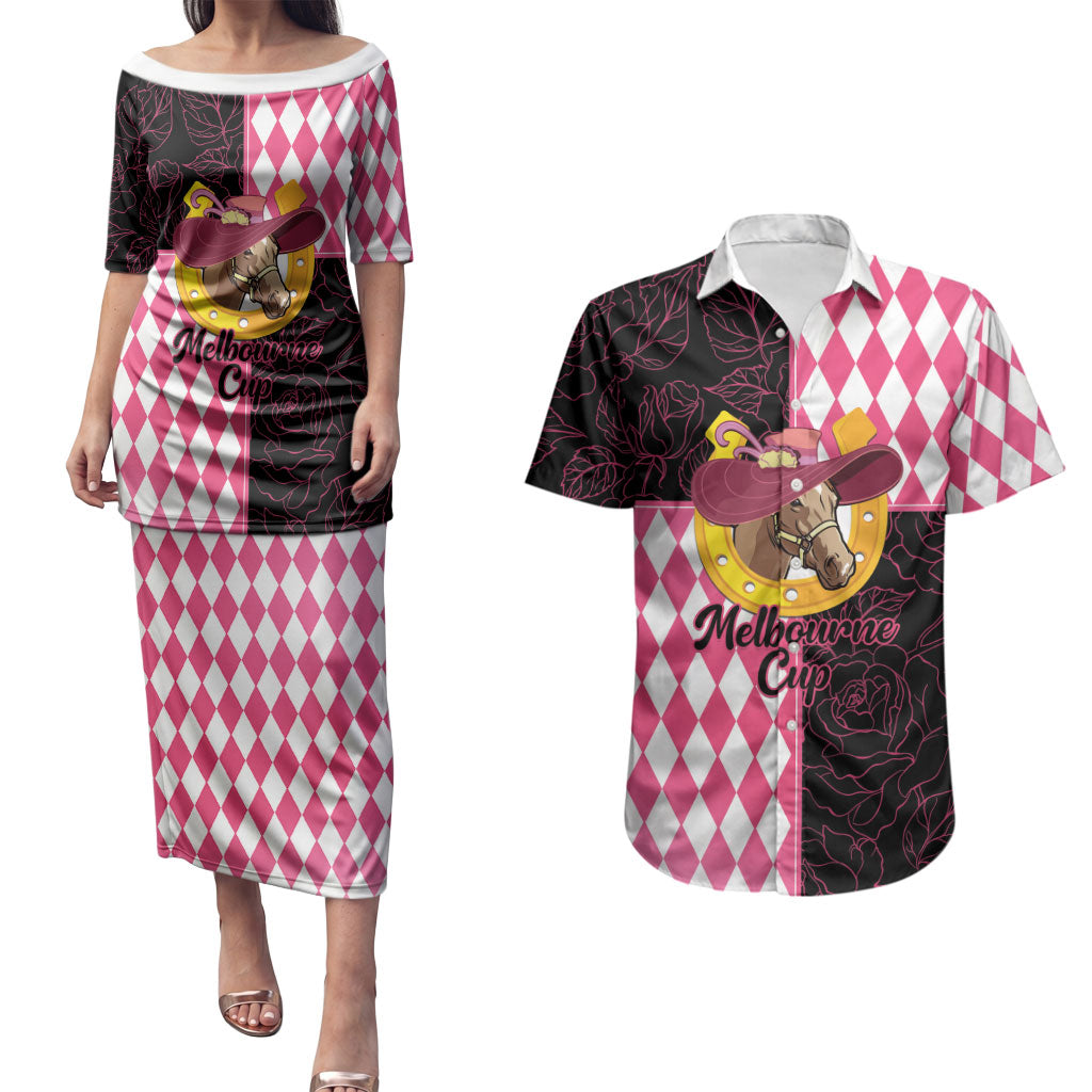 Personalised Melbourne Cup Australia Couples Matching Puletasi and Hawaiian Shirt Diamond Horse Racing Silks Inspired Pink