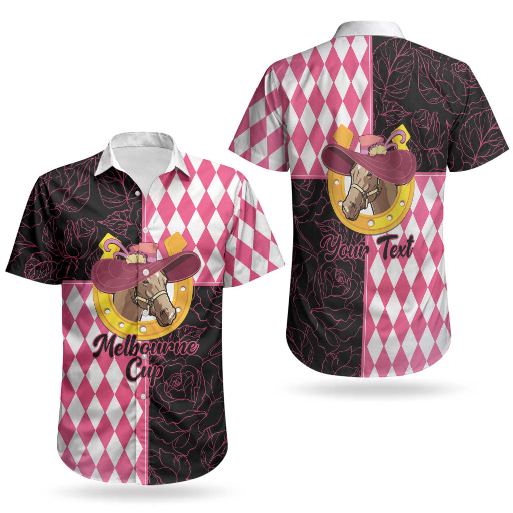 Personalised Melbourne Cup Australia Couples Matching Puletasi and Hawaiian Shirt Diamond Horse Racing Silks Inspired Pink