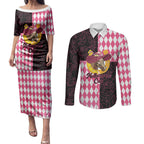 Personalised Melbourne Cup Australia Couples Matching Puletasi and Long Sleeve Button Shirt Diamond Horse Racing Silks Inspired Pink