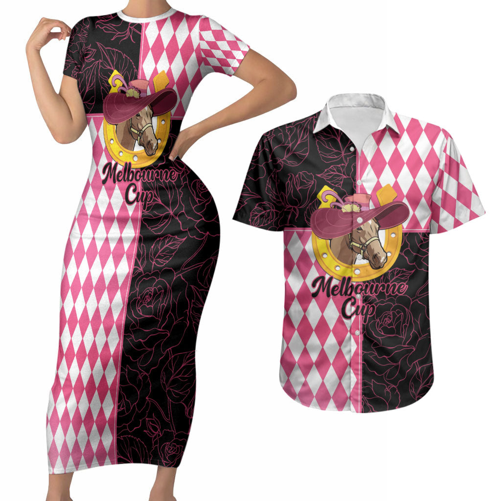 Personalised Melbourne Cup Australia Couples Matching Short Sleeve Bodycon Dress and Hawaiian Shirt Diamond Horse Racing Silks Inspired Pink