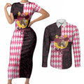 Personalised Melbourne Cup Australia Couples Matching Short Sleeve Bodycon Dress and Long Sleeve Button Shirt Diamond Horse Racing Silks Inspired Pink