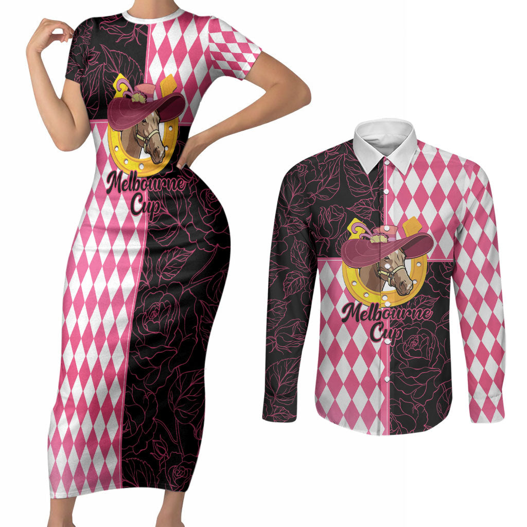 Personalised Melbourne Cup Australia Couples Matching Short Sleeve Bodycon Dress and Long Sleeve Button Shirt Diamond Horse Racing Silks Inspired Pink