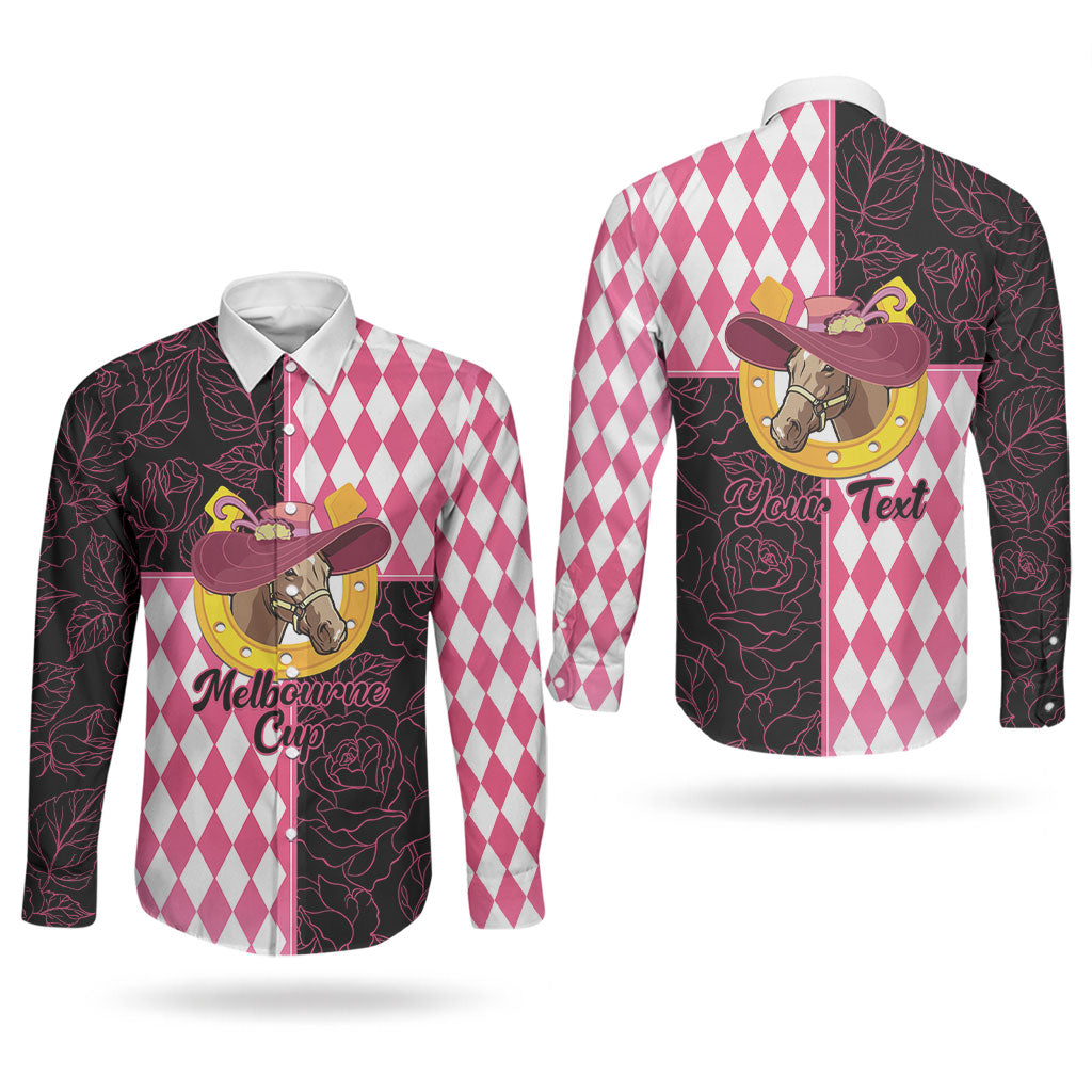 Personalised Melbourne Cup Australia Couples Matching Short Sleeve Bodycon Dress and Long Sleeve Button Shirt Diamond Horse Racing Silks Inspired Pink