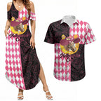 Personalised Melbourne Cup Australia Couples Matching Summer Maxi Dress and Hawaiian Shirt Diamond Horse Racing Silks Inspired Pink