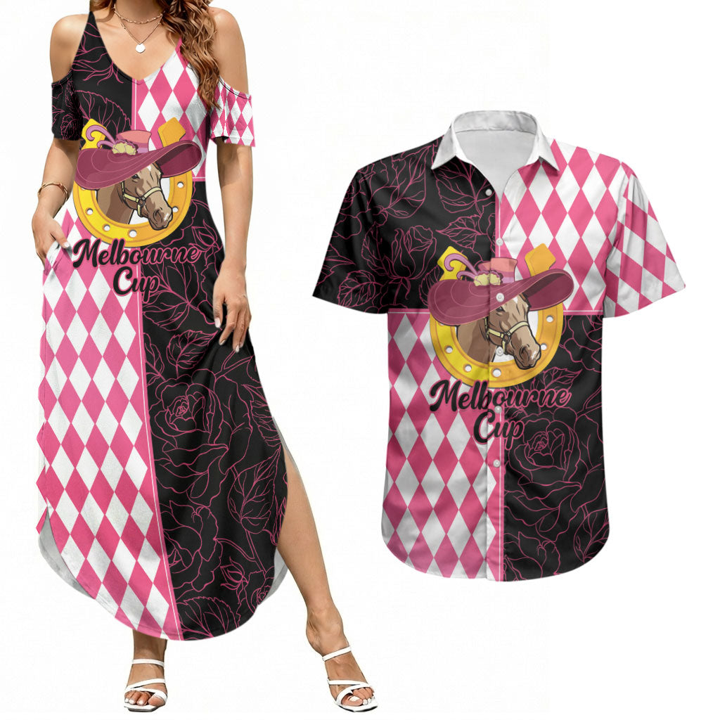 Personalised Melbourne Cup Australia Couples Matching Summer Maxi Dress and Hawaiian Shirt Diamond Horse Racing Silks Inspired Pink