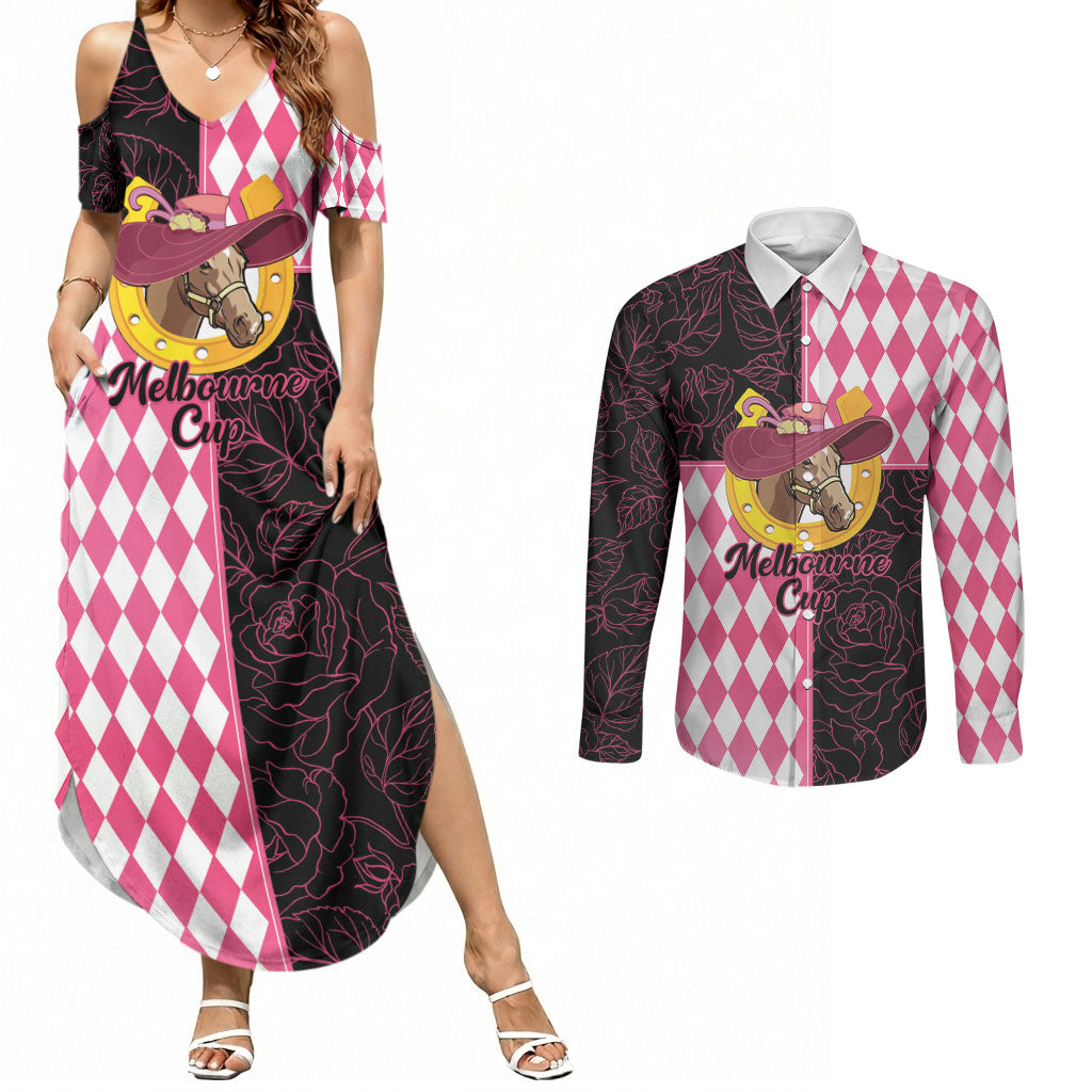 Personalised Melbourne Cup Australia Couples Matching Summer Maxi Dress and Long Sleeve Button Shirt Diamond Horse Racing Silks Inspired Pink
